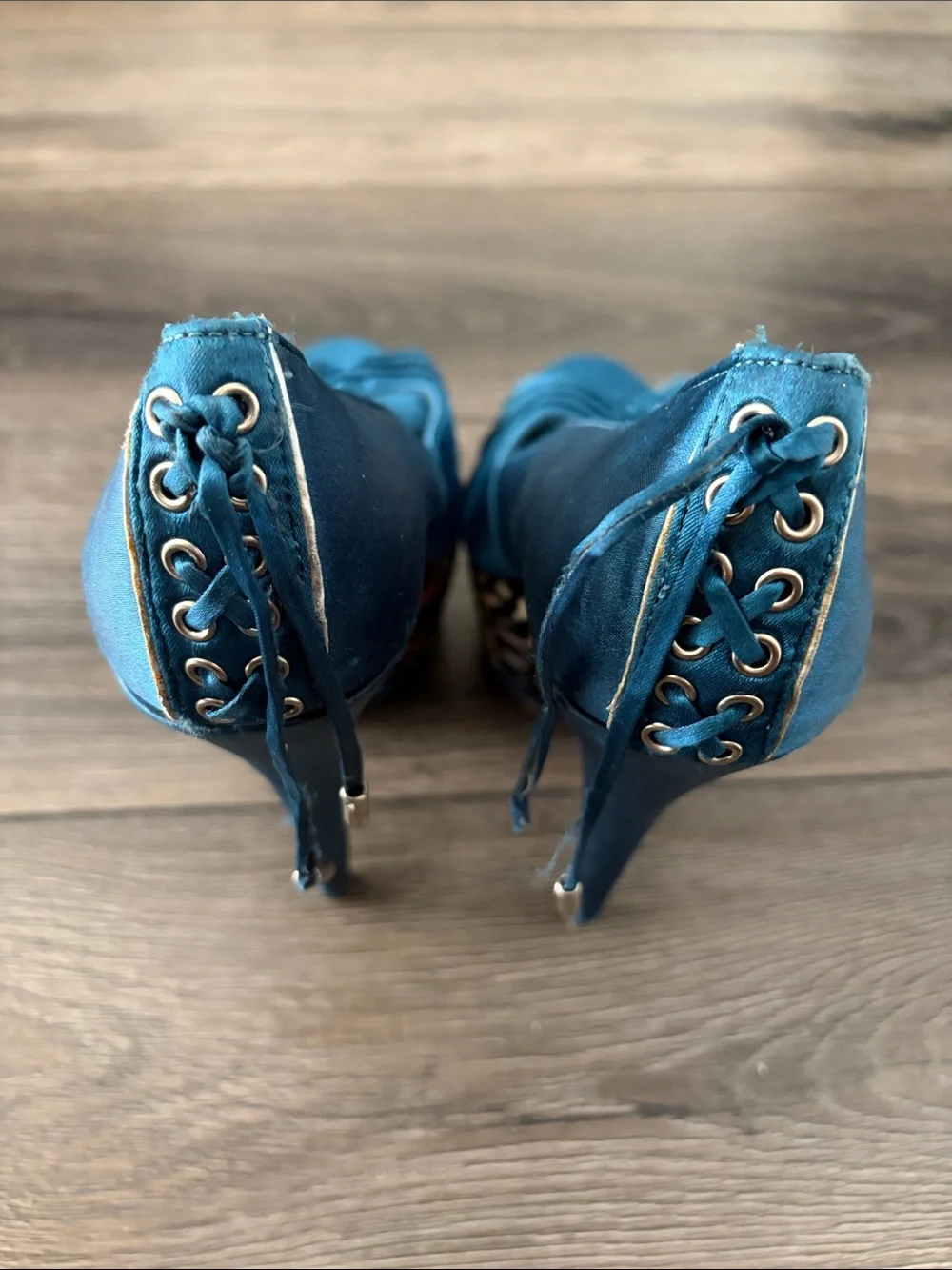2 Lips Too Teal Blue Satin Colorful Abstract Peep-Toe Platform Heels